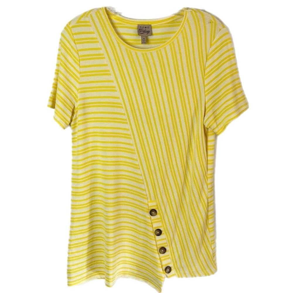 Como Vintage Womens Knit Top M Yellow Striped Short Sleeve Asymmetric Button Hem - Picture 2 of 9